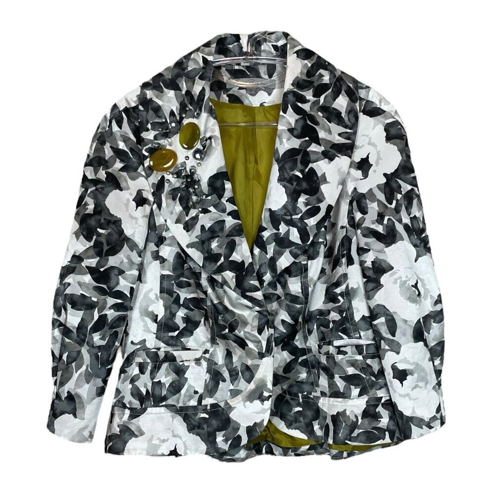 Emil Rutenberg Floral Leaf Stone Beaded Blazer Jacket Gray Ivory White Size 8